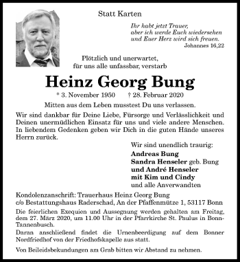 Traueranzeigen Von Heinz Georg Bung | GA-Trauer.de