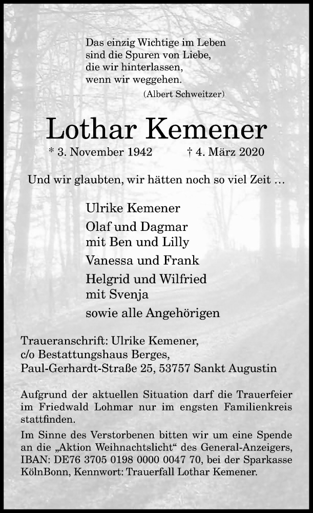  Traueranzeige für Lothar Kemener vom 28.03.2020 aus General-Anzeiger Bonn