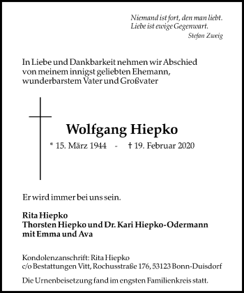 Anzeige von Wolfgang Hiepko von General-Anzeiger Bonn