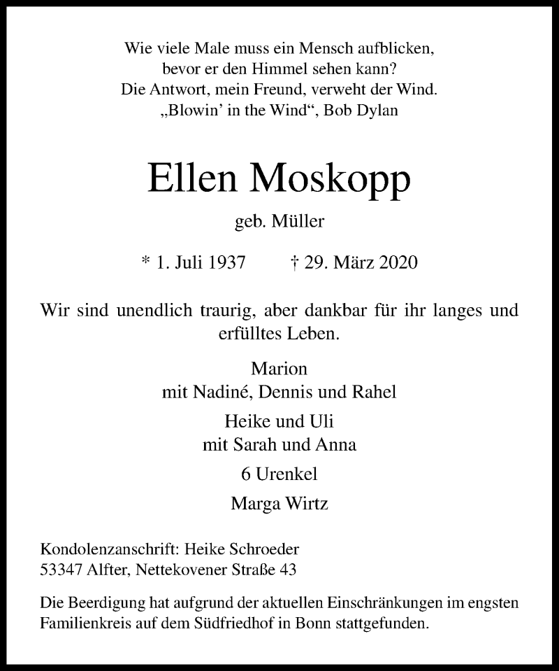  Traueranzeige für Ellen Moskopp vom 04.04.2020 aus General-Anzeiger Bonn