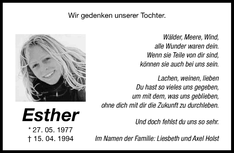  Traueranzeige für Esther Holst vom 15.04.2020 aus General-Anzeiger Bonn
