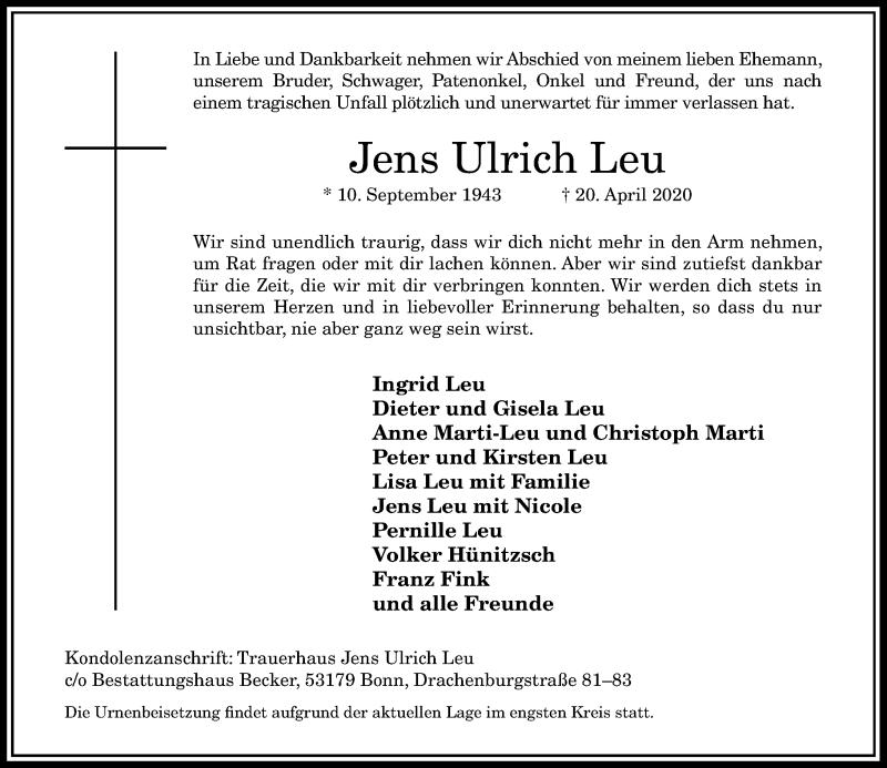  Traueranzeige für Jens Ulrich Leu vom 25.04.2020 aus General-Anzeiger Bonn