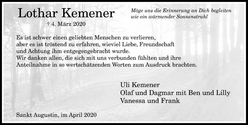  Traueranzeige für Lothar Kemener vom 11.04.2020 aus General-Anzeiger Bonn