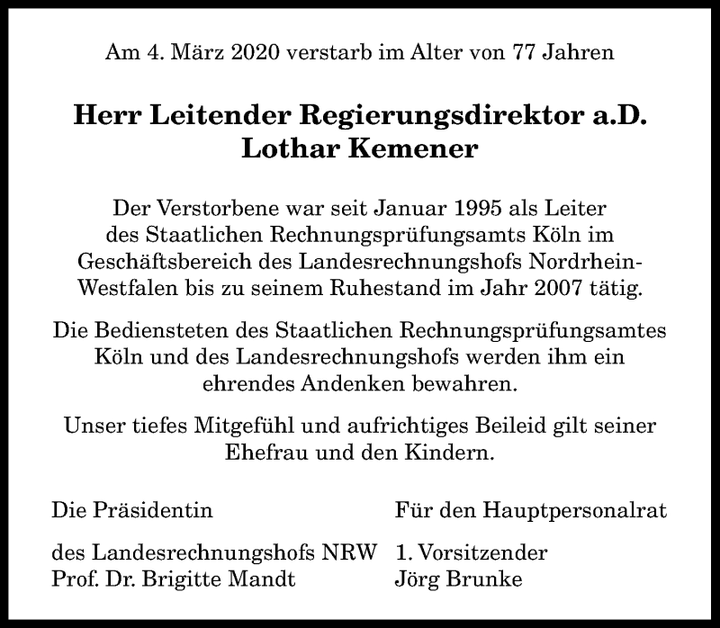  Traueranzeige für Lothar Kemener vom 04.04.2020 aus General-Anzeiger Bonn