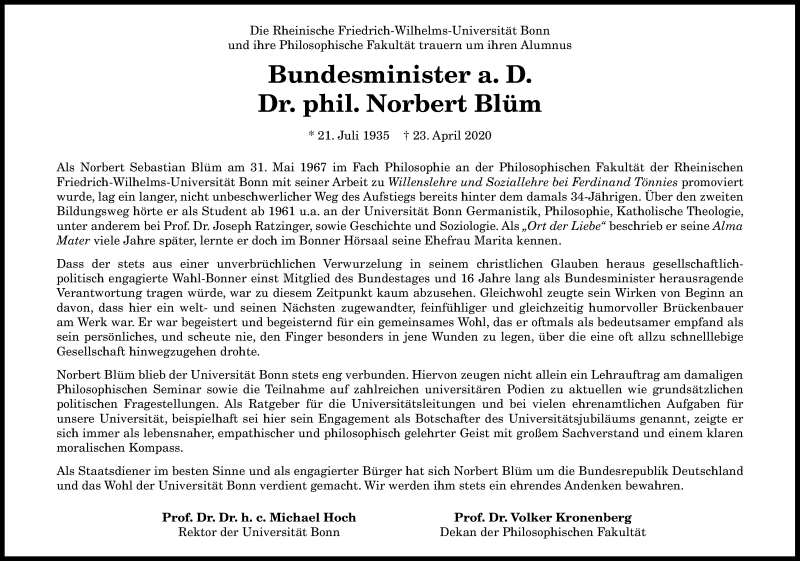  Traueranzeige für Norbert Blüm vom 02.05.2020 aus General-Anzeiger Bonn