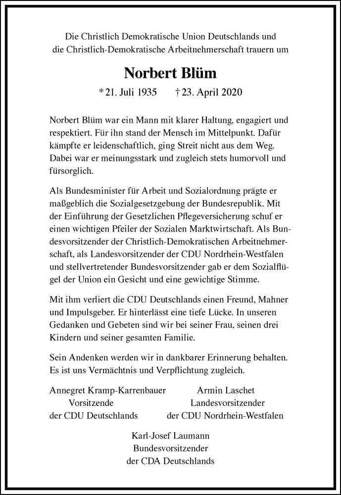  Traueranzeige für Norbert Blüm vom 29.04.2020 aus General-Anzeiger Bonn