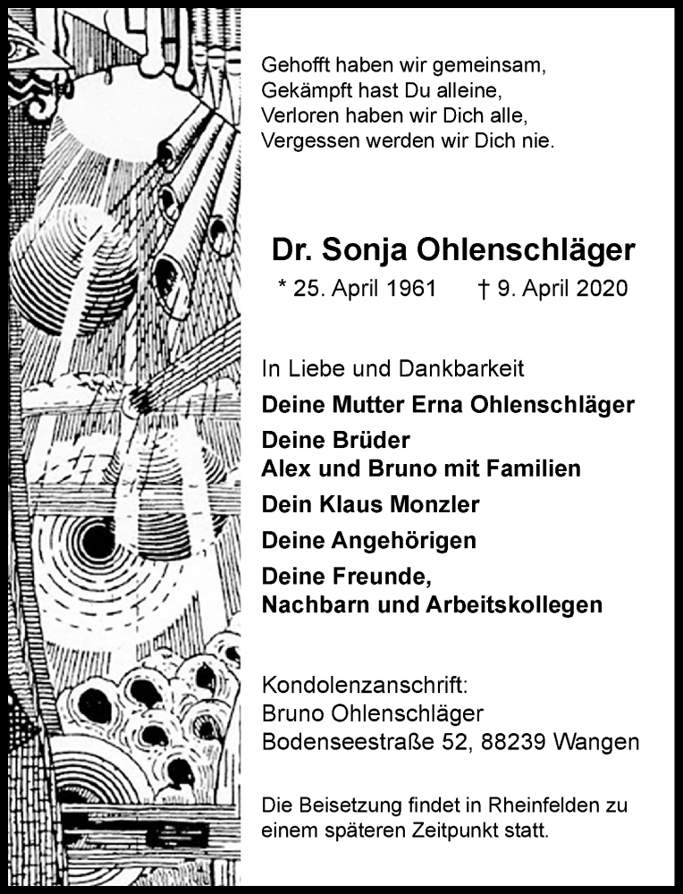  Traueranzeige für Sonja Ohlenschläger vom 25.04.2020 aus General-Anzeiger Bonn