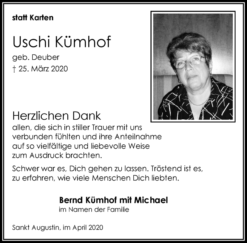  Traueranzeige für Uschi Kümhof vom 25.04.2020 aus General-Anzeiger Bonn