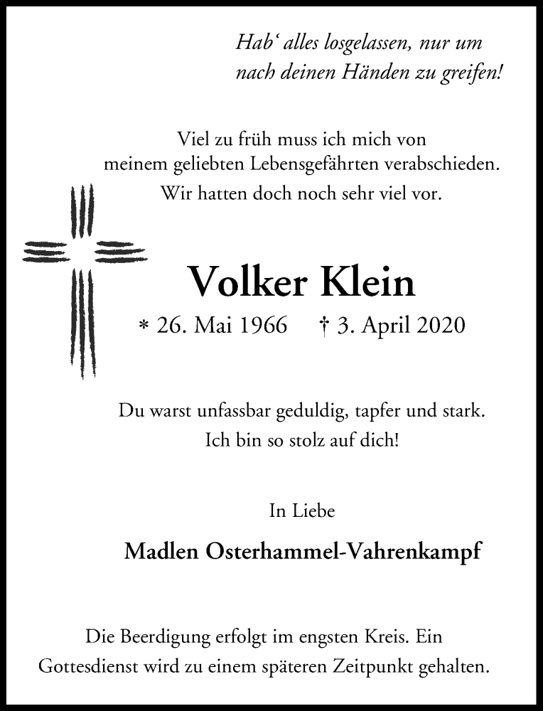  Traueranzeige für Volker Klein vom 11.04.2020 aus General-Anzeiger Bonn
