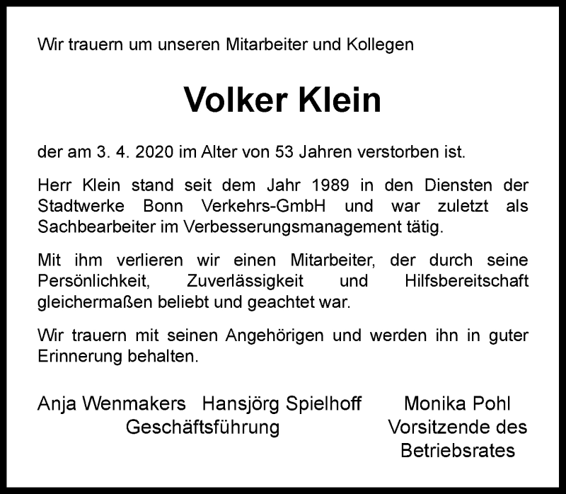  Traueranzeige für Volker Klein vom 11.04.2020 aus General-Anzeiger Bonn