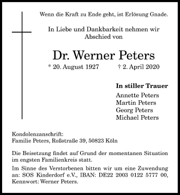 Anzeige von Werner Peters von General-Anzeiger Bonn