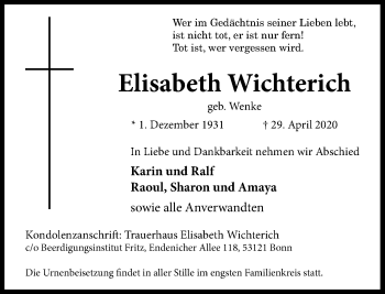 Anzeige von Elisabeth Wichterich von General-Anzeiger Bonn