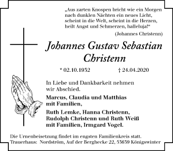 Anzeige von Johannes Gustav Sebastian Christenn von General-Anzeiger Bonn