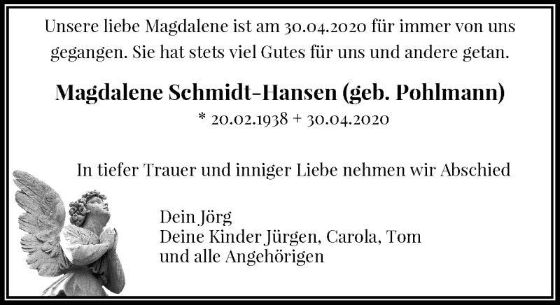  Traueranzeige für Magdalene Schmidt-Hansen vom 23.05.2020 aus General-Anzeiger Bonn