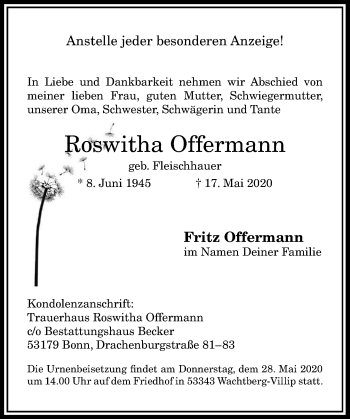 Anzeige von Roswitha Offermann von General-Anzeiger Bonn