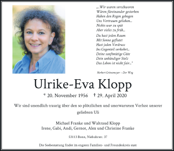 Anzeige von Ulrike-Eva Klopp von General-Anzeiger Bonn