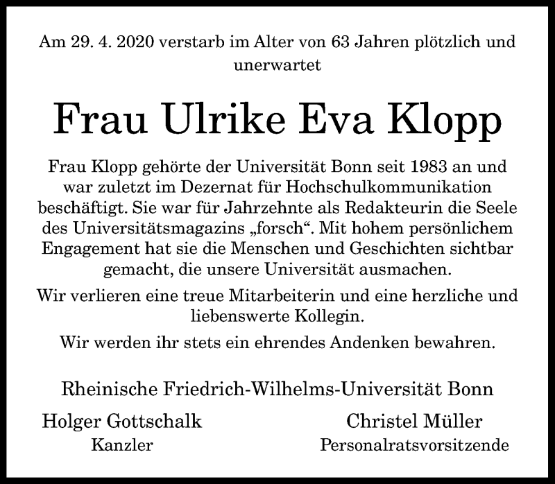  Traueranzeige für Ulrike Eva Klopp vom 12.05.2020 aus General-Anzeiger Bonn