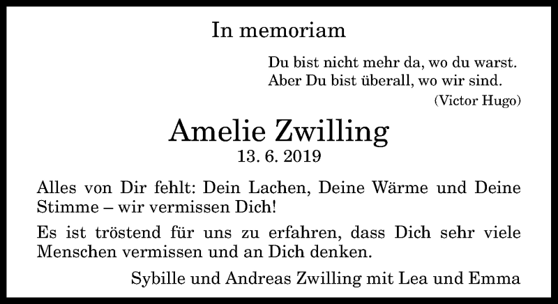  Traueranzeige für Amelie Zwilling vom 13.06.2020 aus General-Anzeiger Bonn