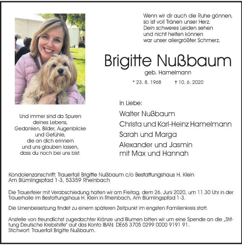  Traueranzeige für Brigitte Nußbaum vom 20.06.2020 aus General-Anzeiger Bonn