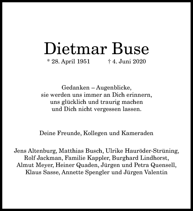  Traueranzeige für Dietmar Buse vom 27.06.2020 aus General-Anzeiger Bonn