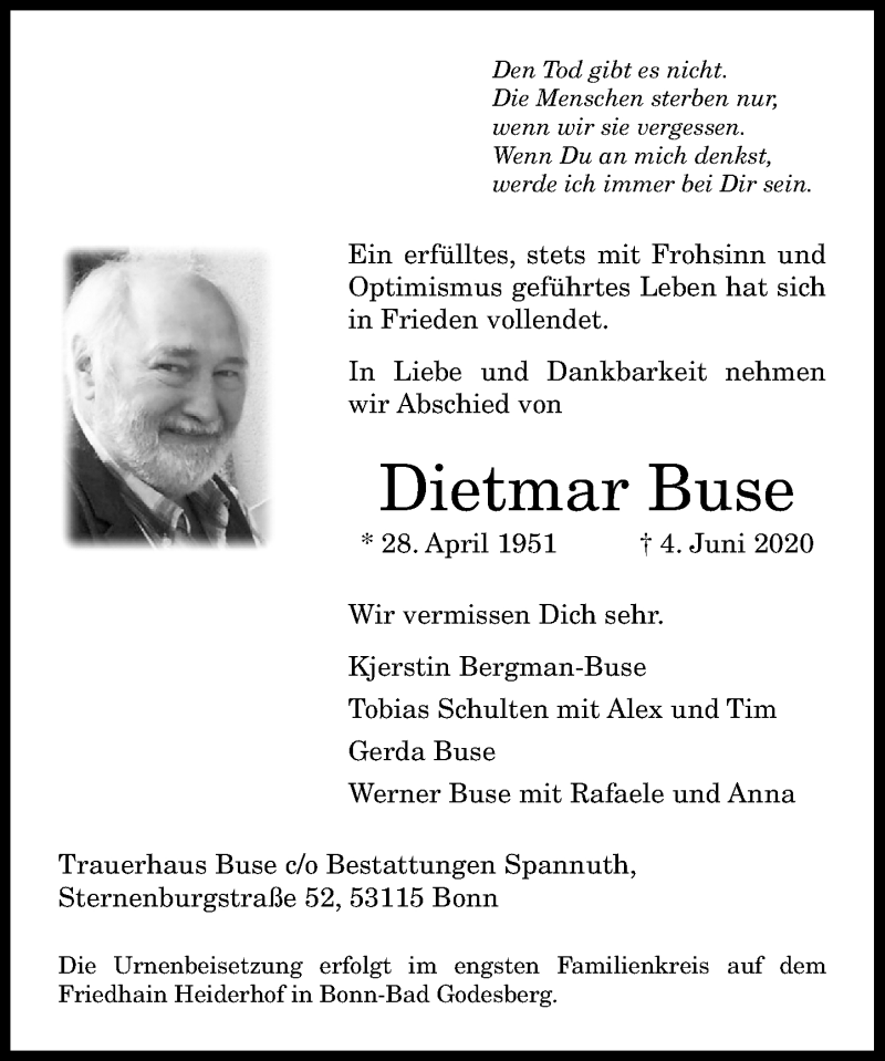 Traueranzeige für Dietmar Buse vom 13.06.2020 aus General-Anzeiger Bonn