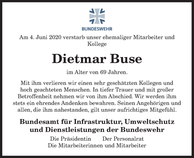  Traueranzeige für Dietmar Buse vom 20.06.2020 aus General-Anzeiger Bonn