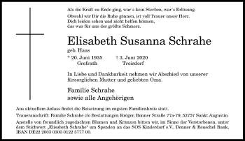 Anzeige von Elisabeth Susanna Schrahe von General-Anzeiger Bonn