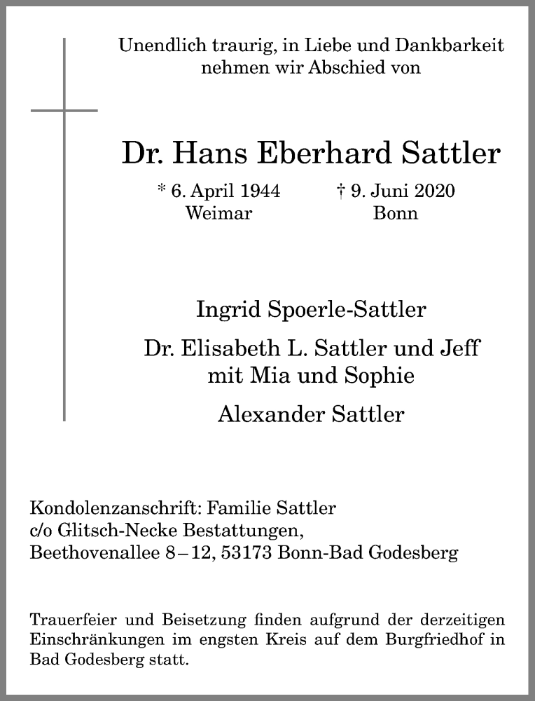  Traueranzeige für Hans Eberhard Sattler vom 13.06.2020 aus General-Anzeiger Bonn