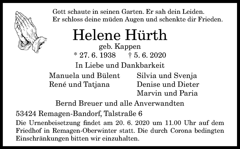  Traueranzeige für Helene Hürth vom 10.06.2020 aus General-Anzeiger Bonn