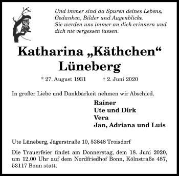 Anzeige von Katharina Lüneberg von General-Anzeiger Bonn