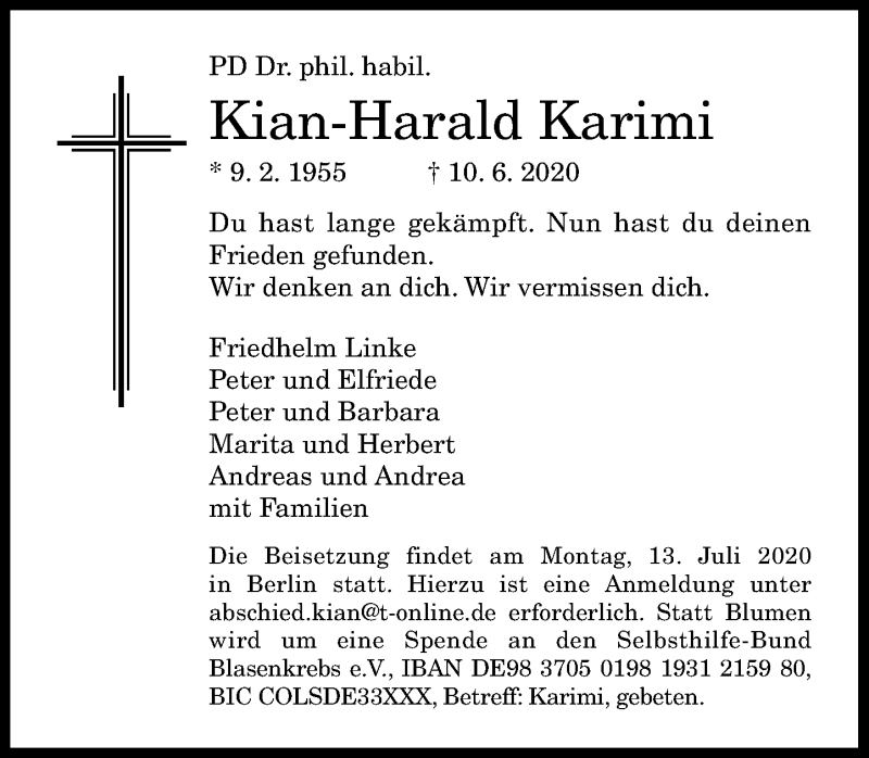  Traueranzeige für Kian-Harald Karimi vom 27.06.2020 aus General-Anzeiger Bonn