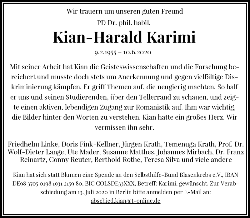  Traueranzeige für Kian-Harald Karimi vom 20.06.2020 aus General-Anzeiger Bonn