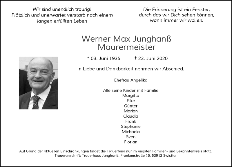  Traueranzeige für Werner Max Junghanß vom 27.06.2020 aus General-Anzeiger Bonn