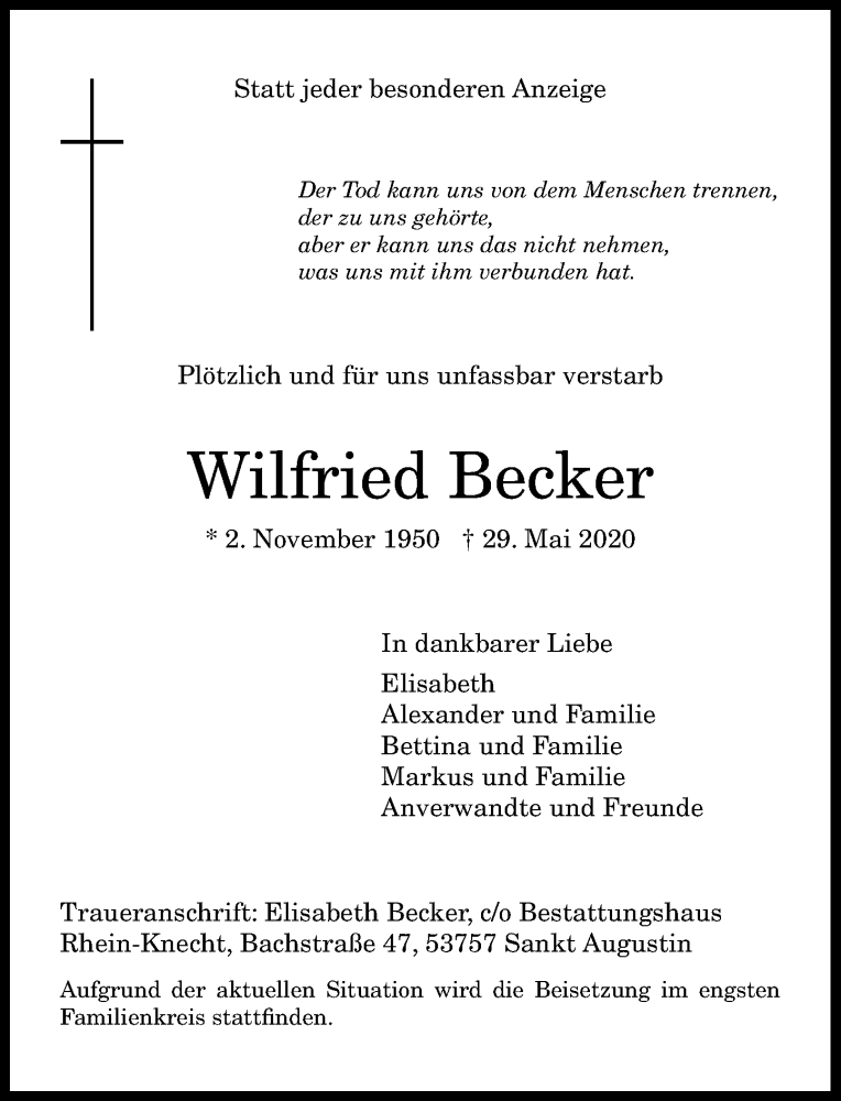  Traueranzeige für Wilfried Becker vom 06.06.2020 aus General-Anzeiger Bonn
