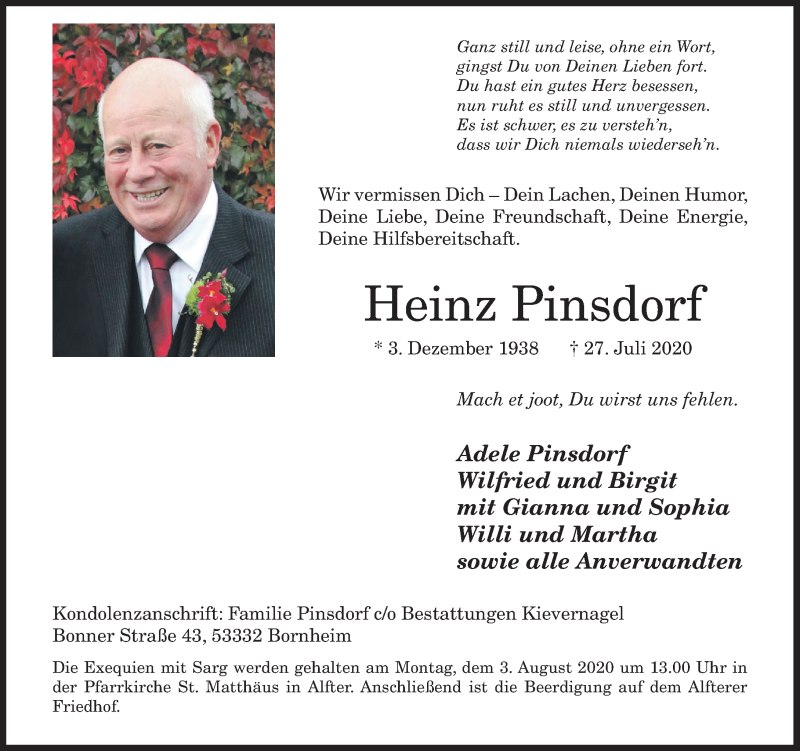  Traueranzeige für Heinz Pinsdorf vom 29.07.2020 aus General-Anzeiger Bonn