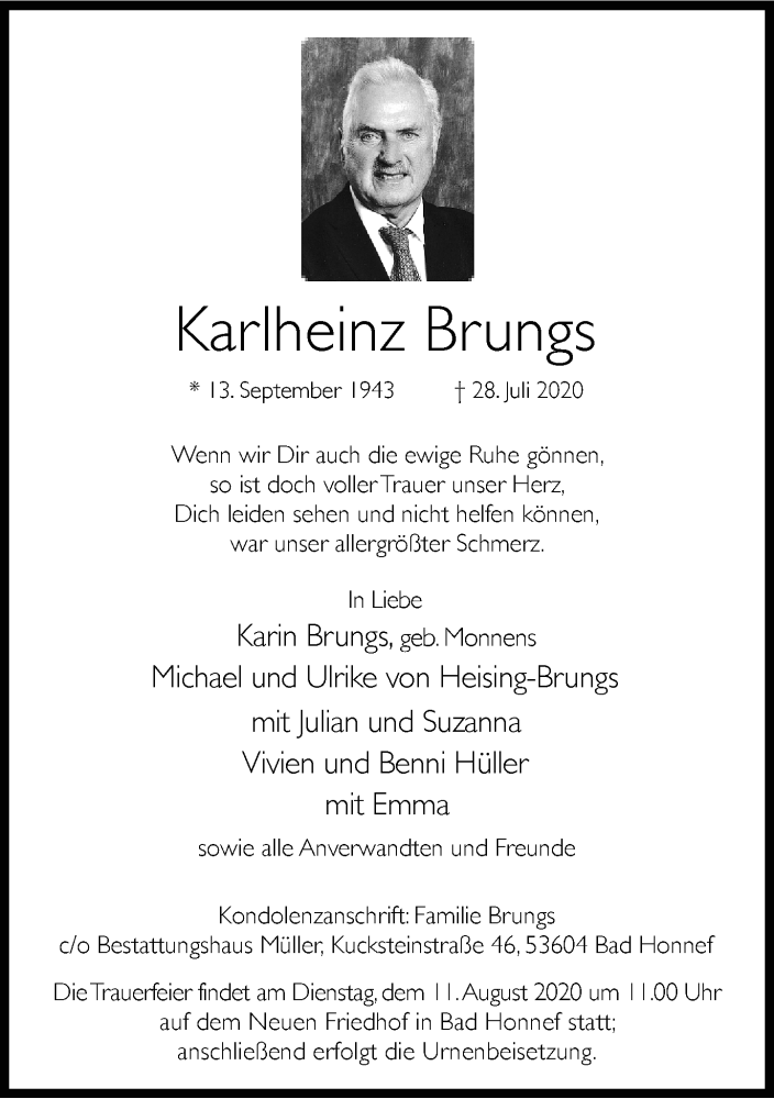  Traueranzeige für Karlheinz Brungs vom 01.08.2020 aus General-Anzeiger Bonn