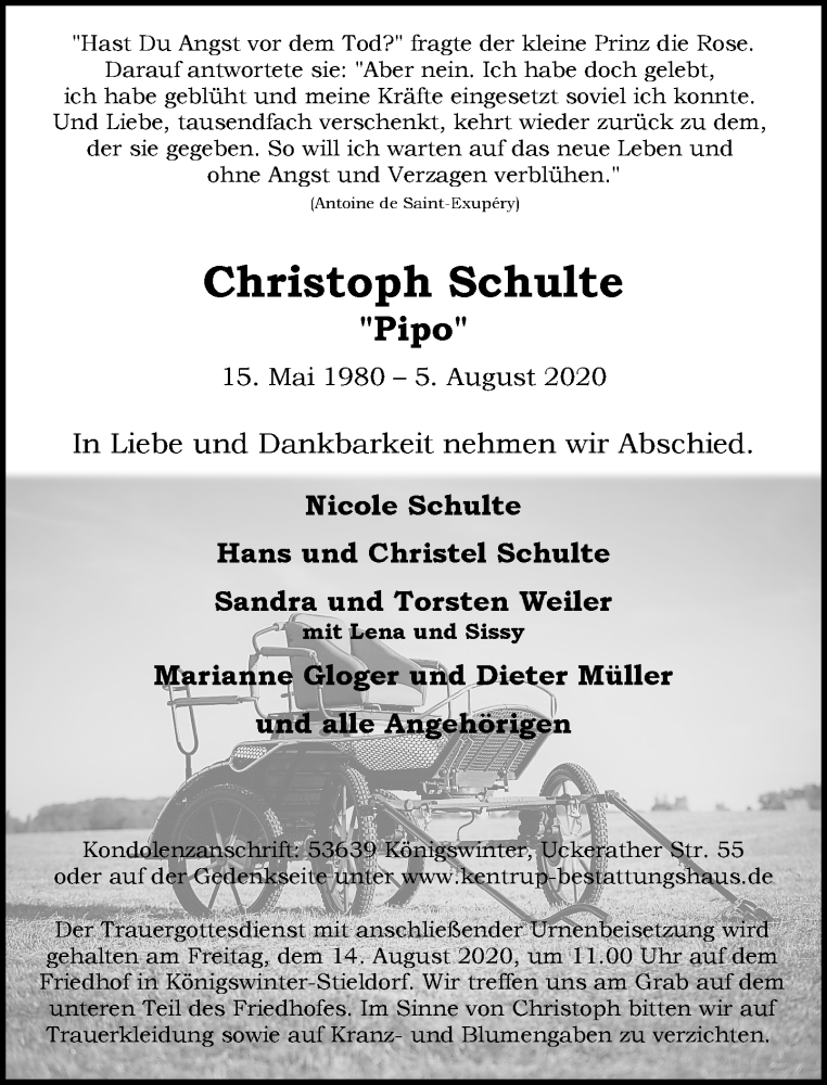  Traueranzeige für Christoph Schulte vom 08.08.2020 aus General-Anzeiger Bonn