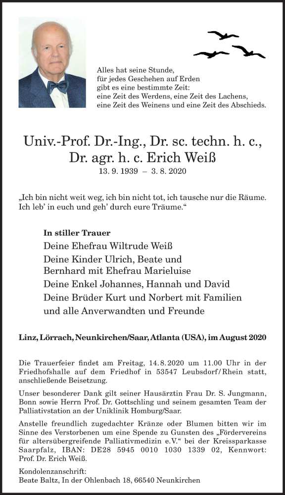  Traueranzeige für Erich Weiß vom 08.08.2020 aus General-Anzeiger Bonn
