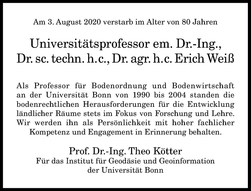  Traueranzeige für Erich Weiß vom 08.08.2020 aus General-Anzeiger Bonn
