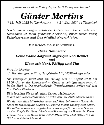 Anzeige von Günter Mertins von General-Anzeiger Bonn