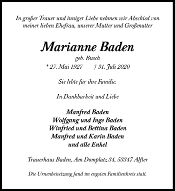 Anzeige von Marianne Baden von General-Anzeiger Bonn
