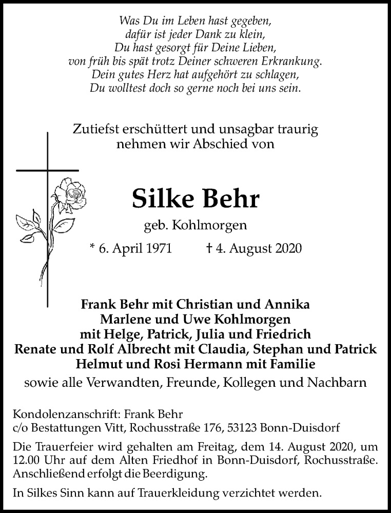  Traueranzeige für Silke Behr vom 08.08.2020 aus General-Anzeiger Bonn