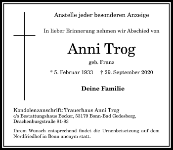 Anzeige von Anni Trog von General-Anzeiger Bonn