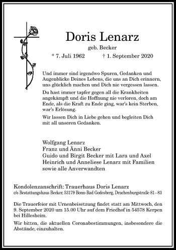 Anzeige von Doris Lenarz von General-Anzeiger Bonn
