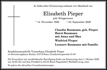 Anzeige von Elisabeth Pieper von General-Anzeiger Bonn