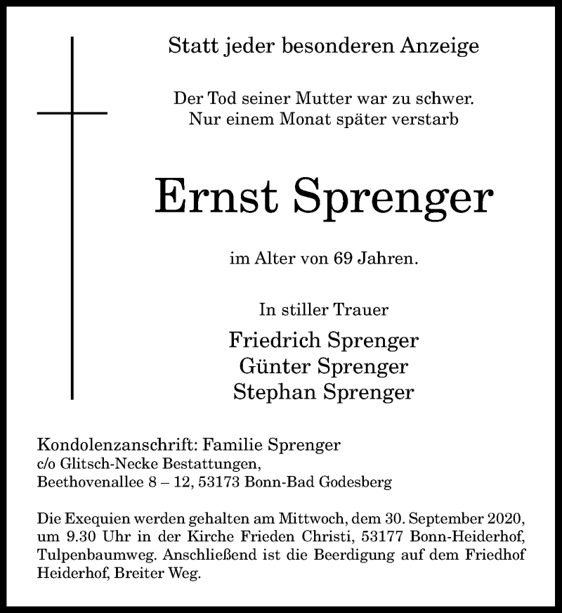  Traueranzeige für Ernst Sprenger vom 26.09.2020 aus General-Anzeiger Bonn