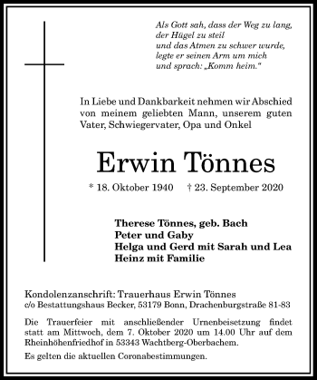 Anzeige von Erwin Tönnes von General-Anzeiger Bonn