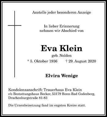 Anzeige von Eva Klein von General-Anzeiger Bonn