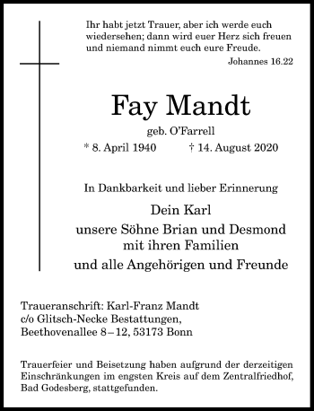 Anzeige von Fay Mandt von General-Anzeiger Bonn