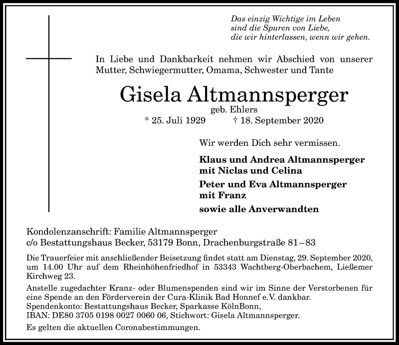 Traueranzeigen von Gisela Altmannsperger | GA-Trauer.de